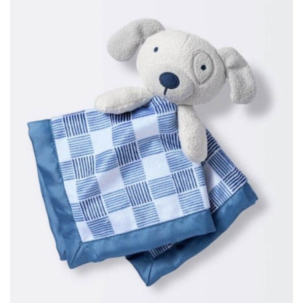 Cloud Island Puppy Dog Gingham Gray Blue Plaid Baby Security Blanket Lovey New